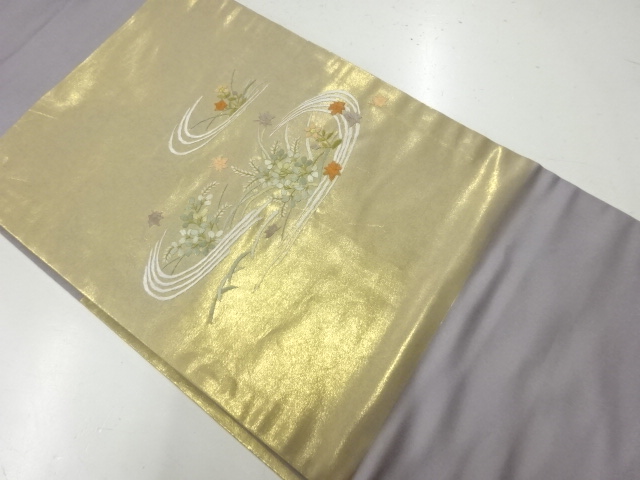リサイクル　流水に草花模様刺繍開き名古屋帯（額縁仕立て）